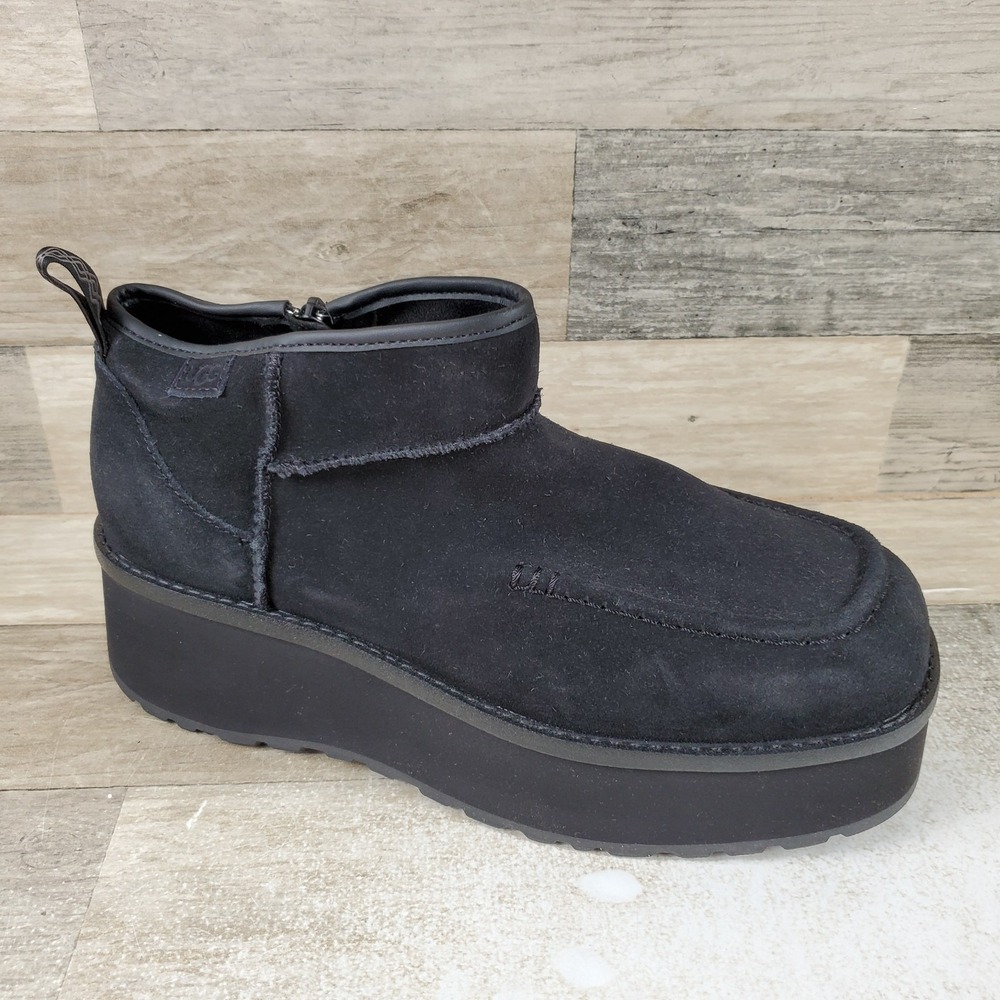 UGG Cityfunc Ultra Mini Womens Boots Sz 9 Dark Black Leather Side Zipper Mid Top